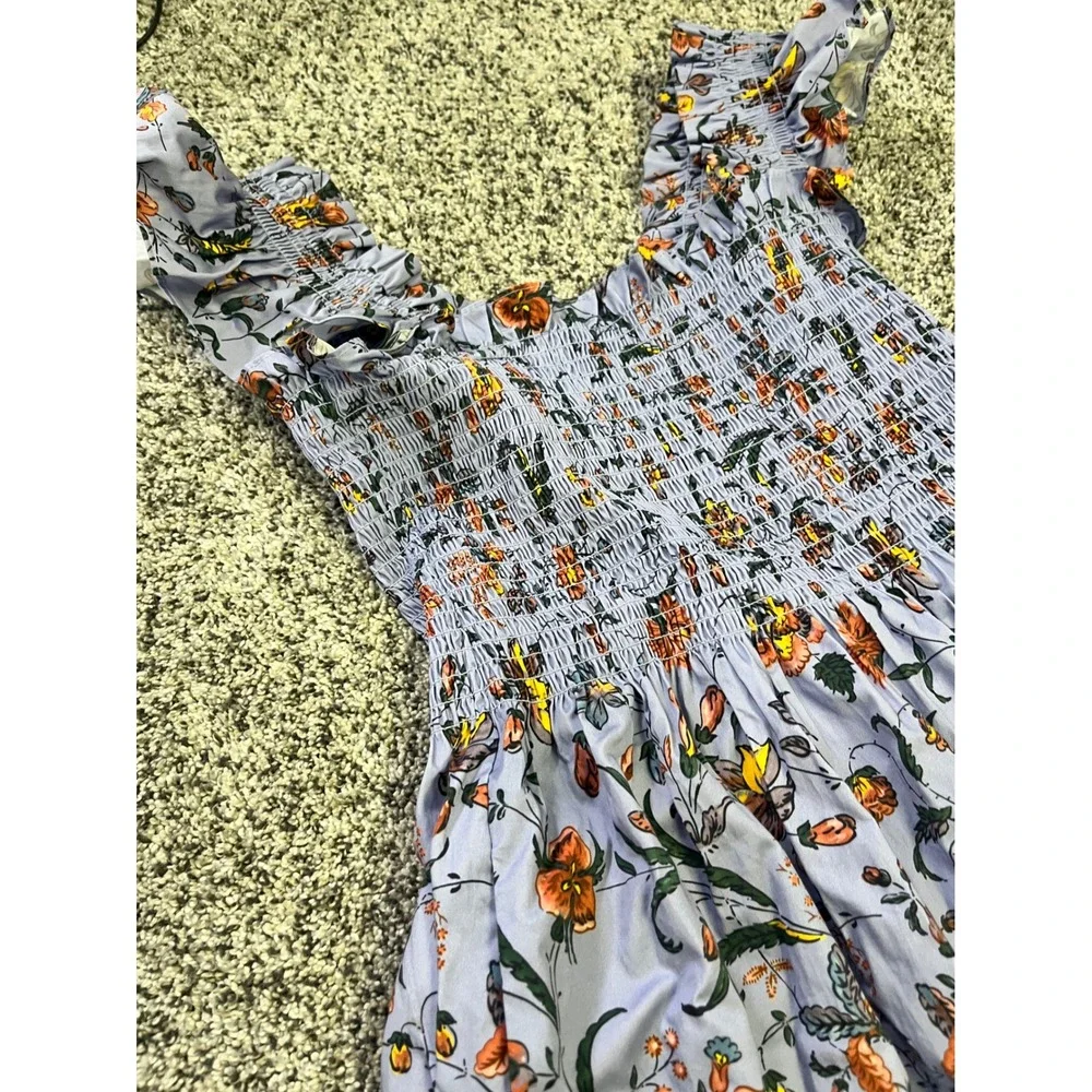 Hill House Home Ellie Nap Dress M Blue Botanical Floral Smocked Cotton Midi